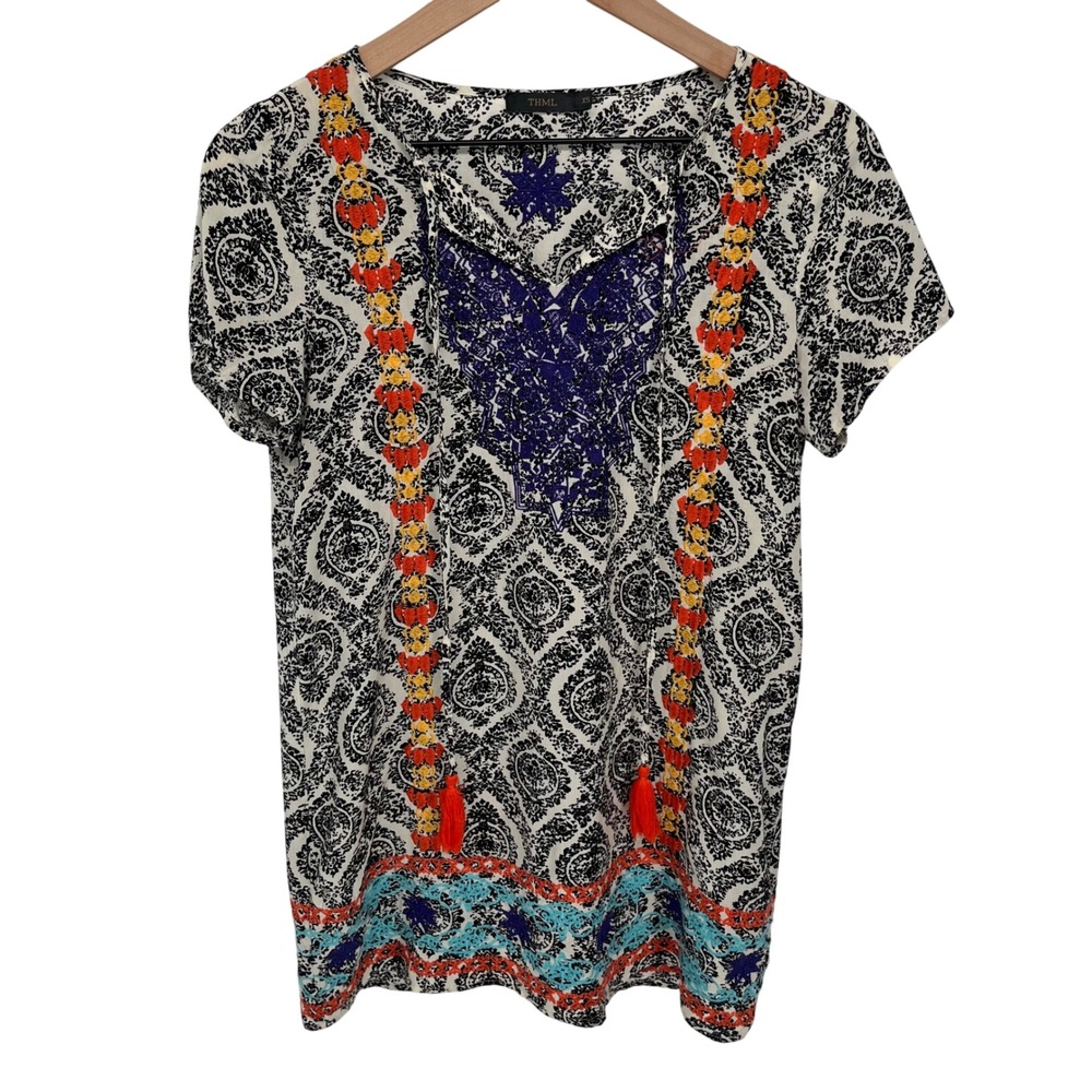 THML Embroidered Damask‎ Top Womens XS Black White Boho Tassel V-Neck TM3731